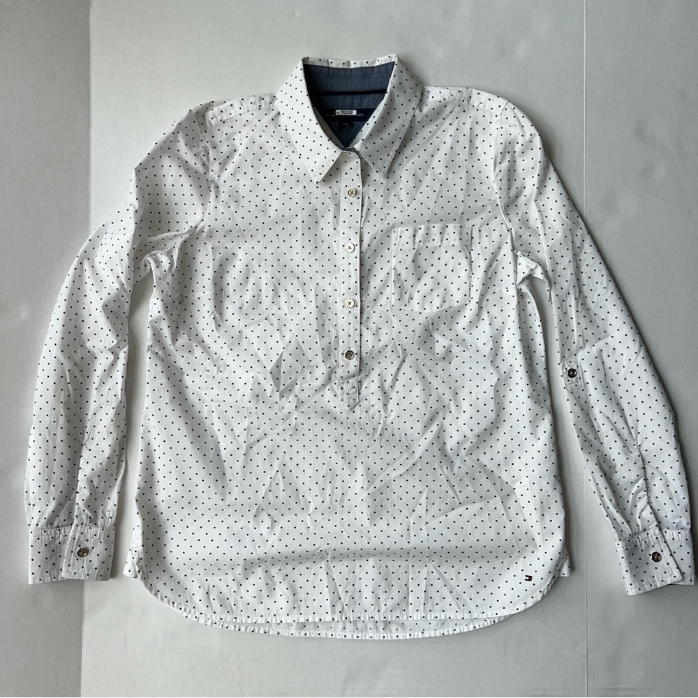 Tommy Hilfiger easy care cotton popover shirt white navy polka dots small